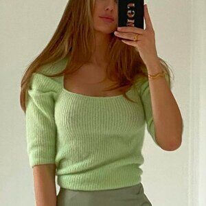 (SOLD) GANNI Gathered brushed ribbed-knit sweater S